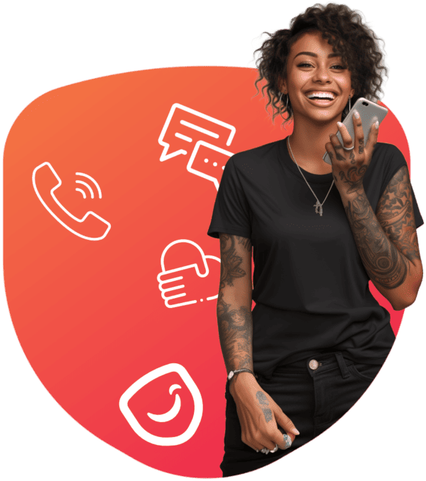 A woman with tattoos holding a cell phone while accessing support through a mobile app for care plans.